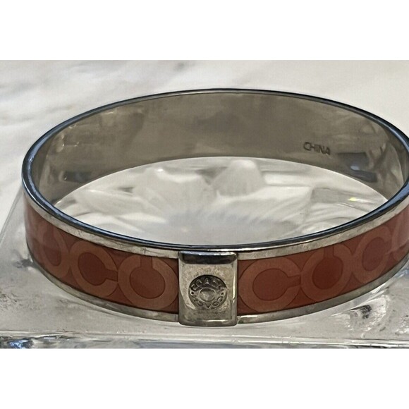 COACH Bangle Bracelet Signature Logo C Orange Enamel Silverplate Stackable - Picture 2 of 5
